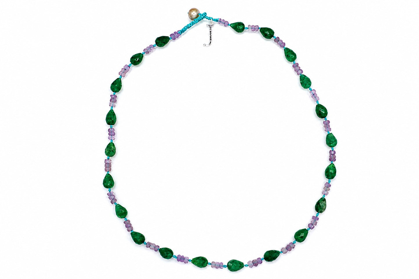 JWJ- Faceted Rondelle Amethyst/Emerald Teardrop Necklace