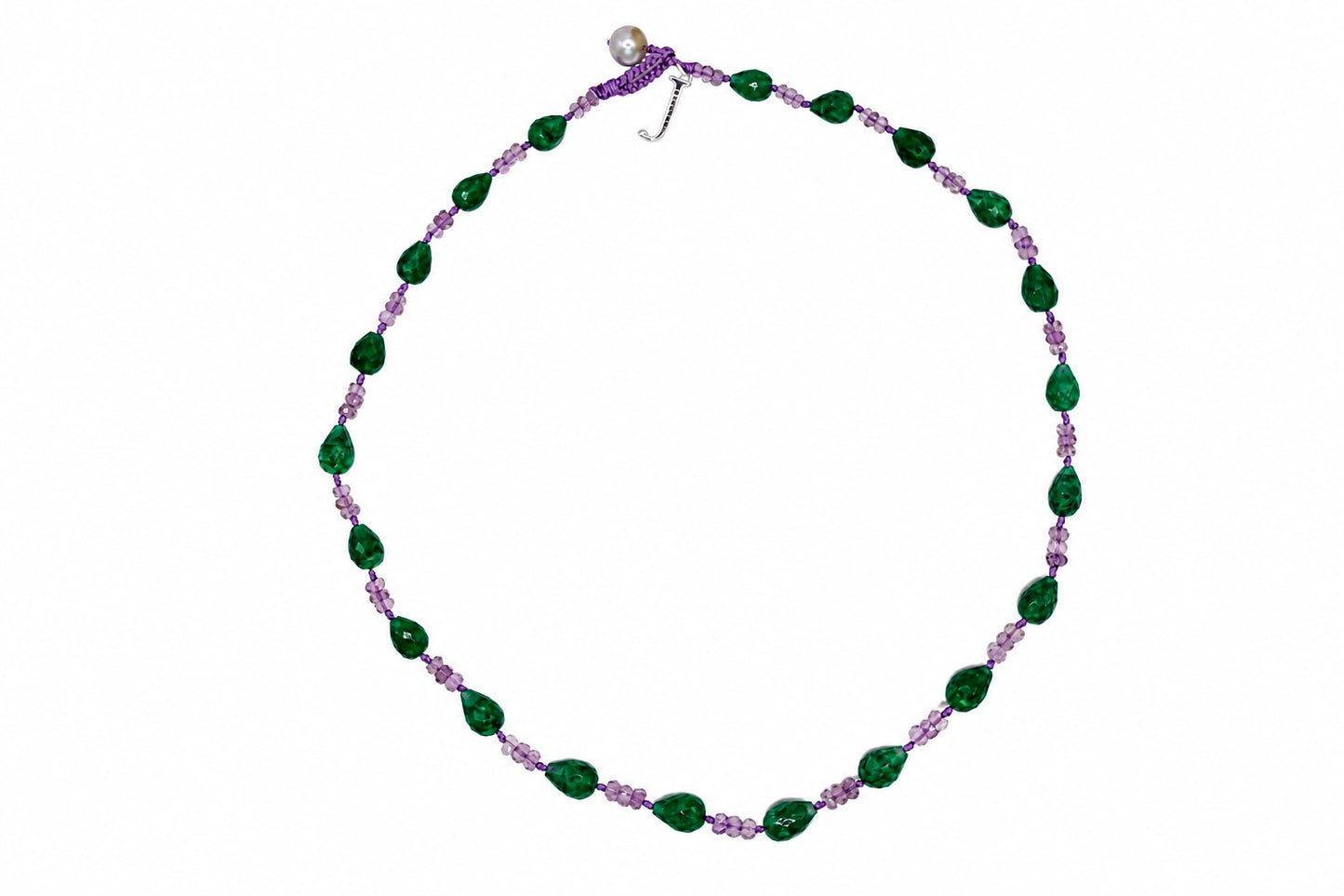 JWJ- Faceted Rondelle Amethyst/Emerald Teardrop Necklace