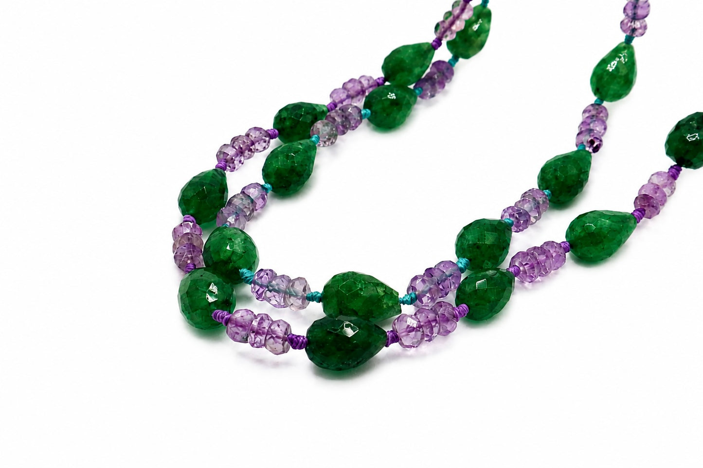 JWJ- Faceted Rondelle Amethyst/Emerald Teardrop Necklace
